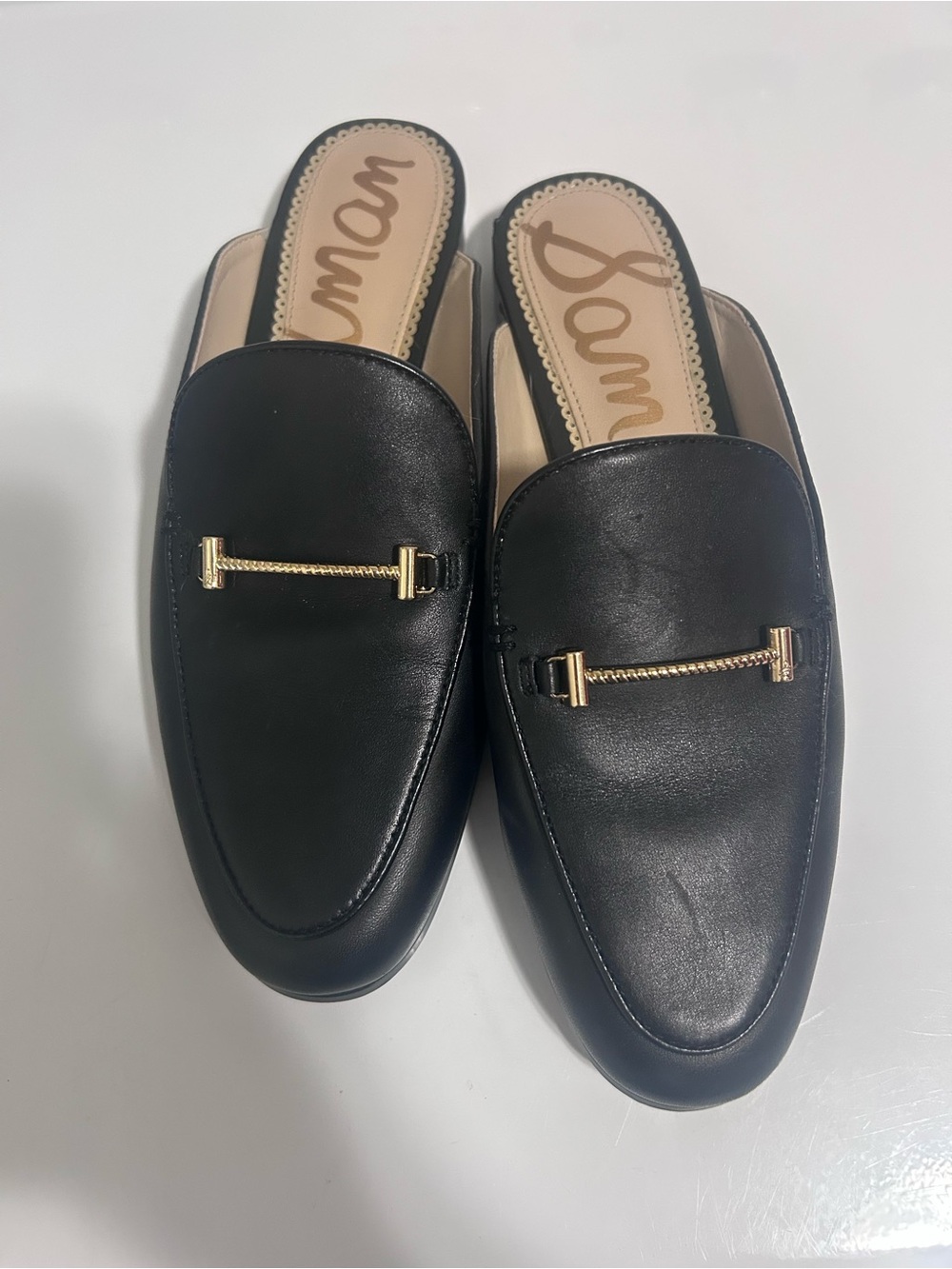 Sam Edelman Black Leather Mule Loafers with Gold Chain Accent - Picture 2 of 4